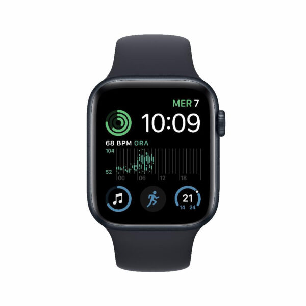 Refurbished Apple Watch SE 2022 44 MM Aluminium Zwart 4G met Zwart sportbandje Licht gebruikt Ja